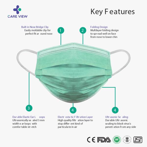 Care View 3 Ply Disposable Surgical Face Mask With Nose Pin - Green 100's - Face Mask