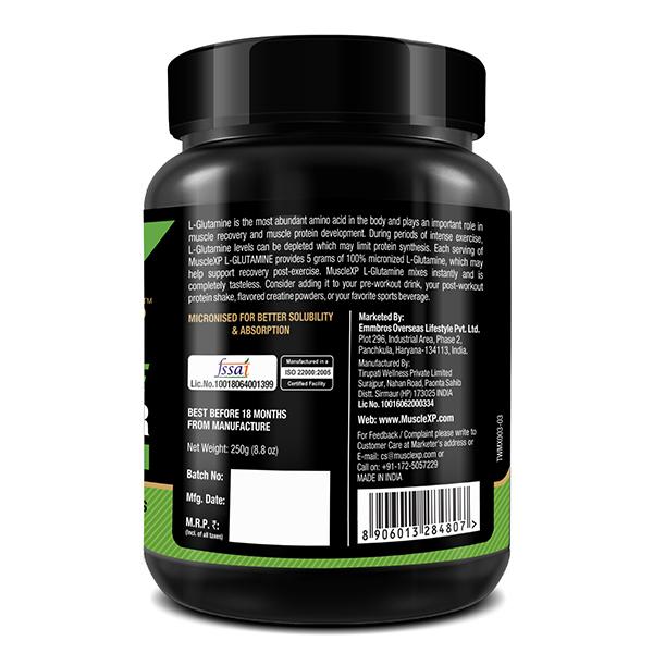 MuscleXP Micronized L-Glutamine Powder - Unflavored 250 gm + Shaker 1's - Whey Proteins