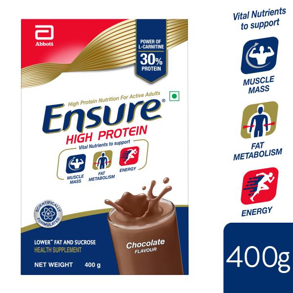 Netmeds | Ensure High Protein Nutrition Powder - Chocolate Flavour 400 gm (Refill Pack)