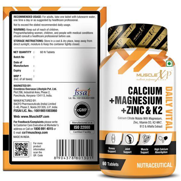 MuscleXP Calcium + Magnesium + Zinc & K2 Daily Vital Tablet 60's - Amino Acids