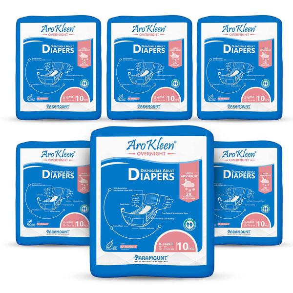 Netmeds | AroKleen Overnight Disposable Adult Diapers (XL) (127 cm - 170.18 cm) (Pack of 6 x 10's) 1's