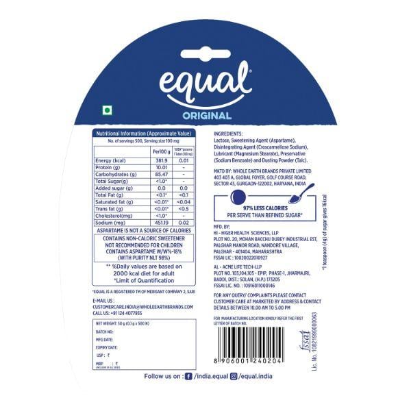 Equal Original Low Calorie Sweetener Tabet (Value Pack) 500's - Sugar Substitute