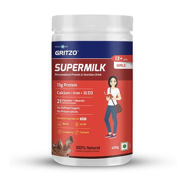 Gritzo SuperMilk Nutrition Drink Powder for Girls (13+ yrs) - Double Chocolate 400 gm - Nutritional Supplement