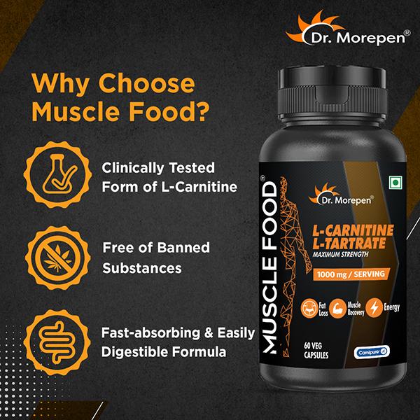 Dr. Morepen Muscle Food L Carnitine L Tartrate 1000 mg Veg Capsule 60's - Workout Essentials