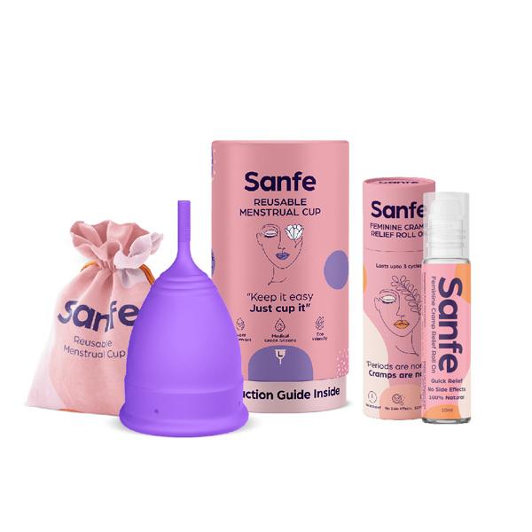 Netmeds | Sanfe Miracle Period Set (Reusable Menstrual Cup - Large and Feminine Cramp Relief Roll On 10 ml)