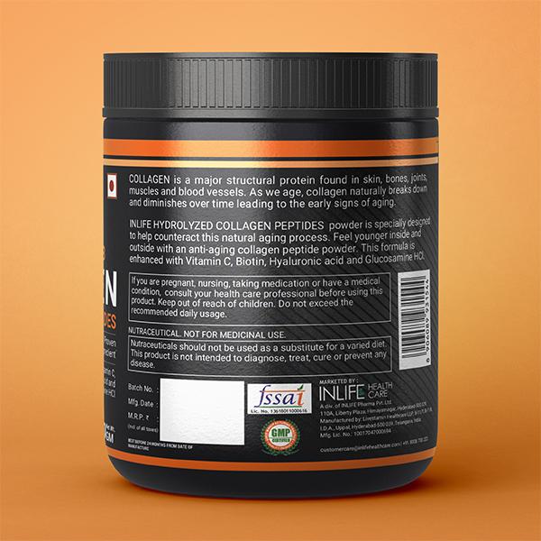 INLIFE Hydrolyzed Collagen Peptides Powder - Orange Flavour 200 gm - Hair & Skin