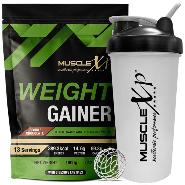 Netmeds | MuscleXP Weight Gainer Powder - Double Chocolate Flavour 1 kg + Shaker 1's