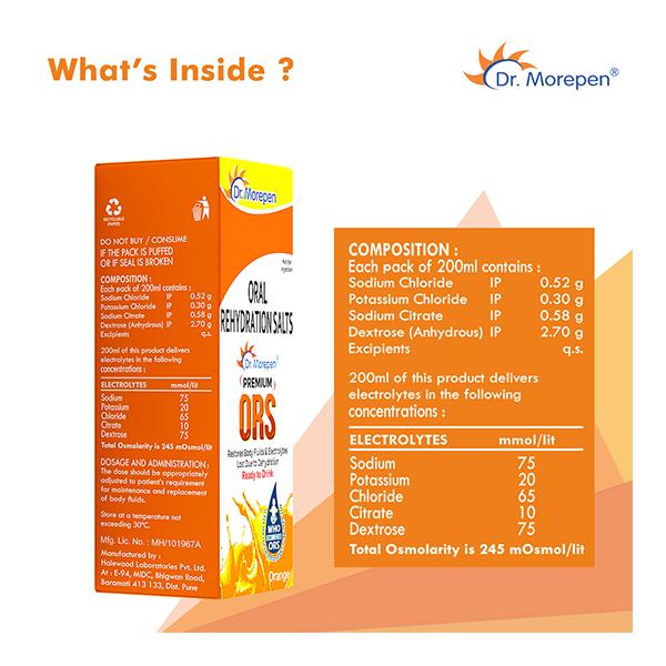 Dr. Morepen Premium ORS Drink - Orange 200 ml - Oral Rehydration (Ors)