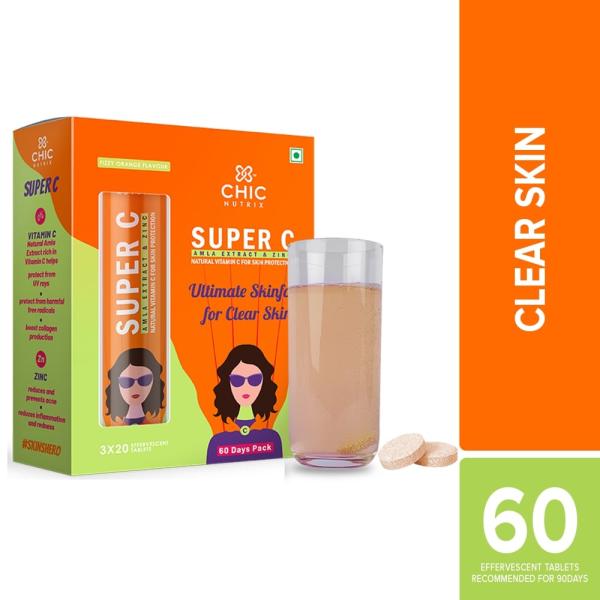 Chicnutrix Super C- Amla Extract and Zinc Effervescent Tablet - Orange Flavour (Pack of 3 x 60's) - Vitamin C