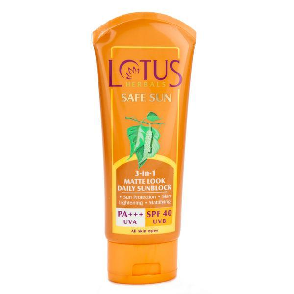 Netmeds | Lotus Herbals Safe Sun SPF 40 Pa++ 3-In-1 Matte Look Daily Sun Block 50 gm
