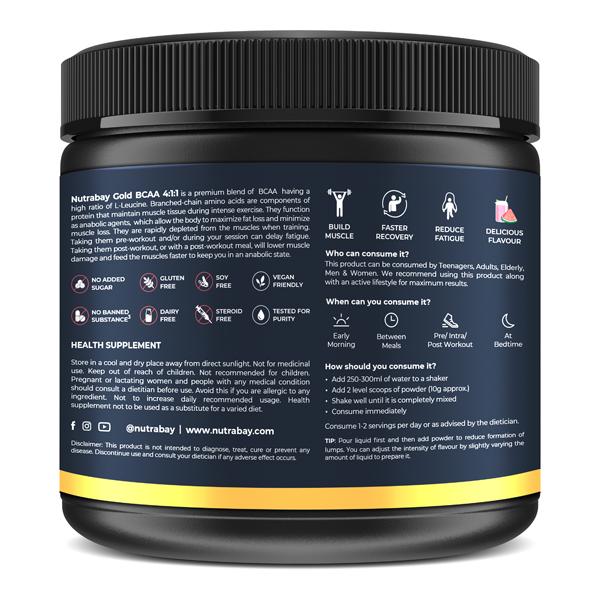 Nutrabay Gold BCAA Amino Acid Powder - Watermelon Flavour 300 gm - Bcaa Supplements