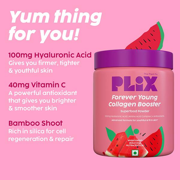 Plix The Plant Fix Collagen Supplement Powder For Women & Men Watermelon Flavour 400 gm - Hair & Skin