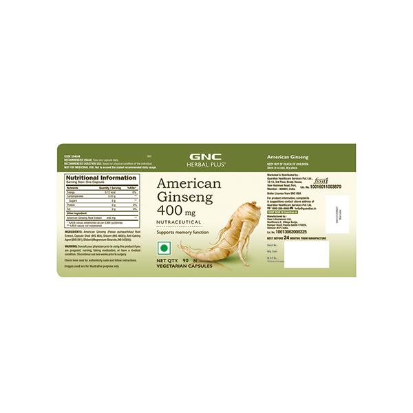 GNC Herbal Plus American Ginseng 400 mg Veg Capsule 90's - Herbal Dietary Supplement