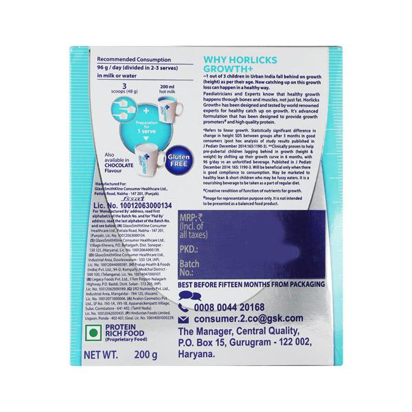 Horlicks Growth Plus  (3-9 Years) Powder - Vanilla Flavour 200 gm (Refill Pack) - Nutritional Supplement