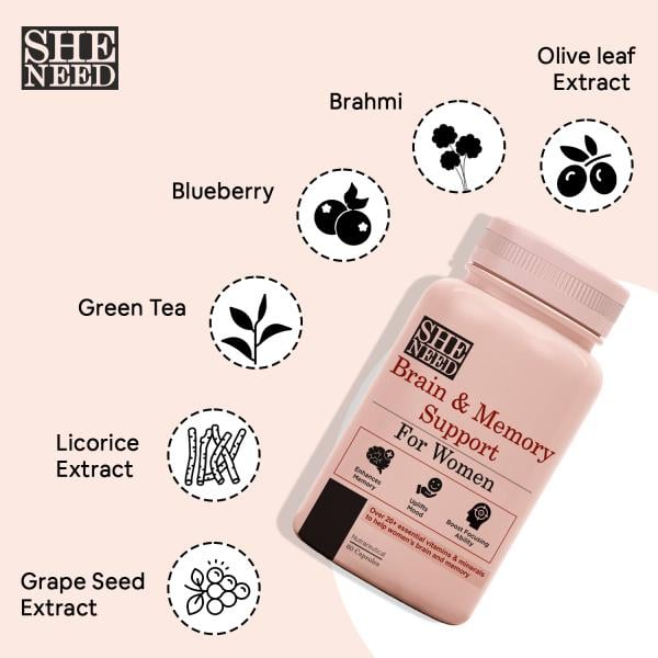 SheNeed Brain & Memory Support for Women Capsule 60's - General Health