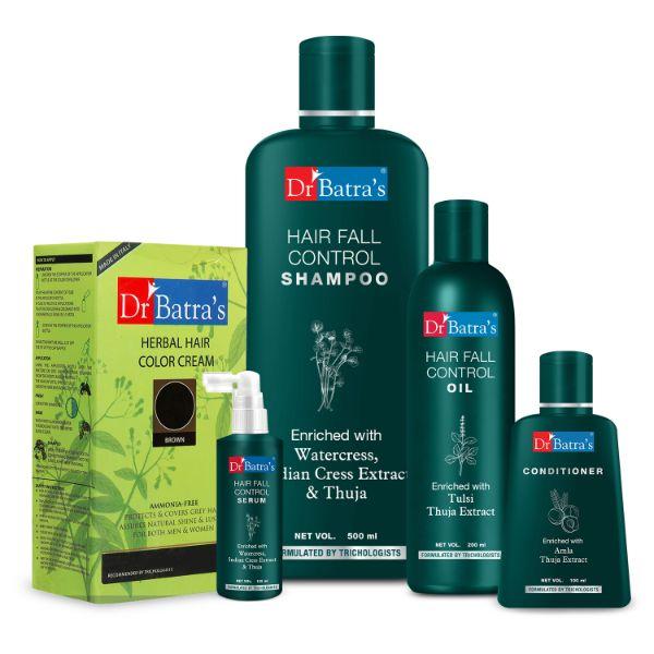 Dr Batra's Hair Fall Control Shampoo 500 ml + Hair Fall Control Oil 200 ml + Hair Fall Control Serum 125 ml + Conditioner 100 ml + Herbal Hair Color Cream - Brown - Hair Treatment