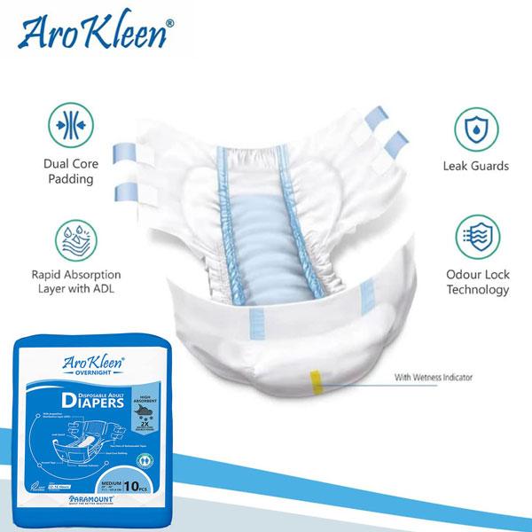 AroKleen Overnight Disposable Adult Diapers (M) (71.1 cm - 101.6 cm) (Pack of 6 x 10's) 1's - Adult Diapers & Pads