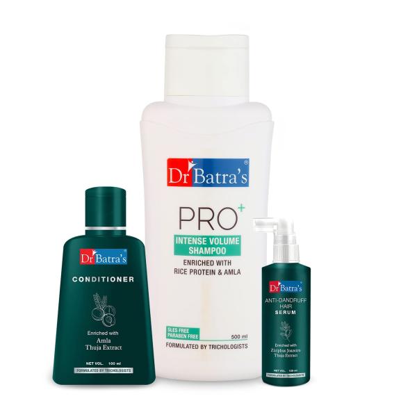 Netmeds | Dr Batra's PRO+ Intense Volume Shampoo 500 ml + Anti-Dandruff Hair Serum 125 ml + Conditioner 100 ml