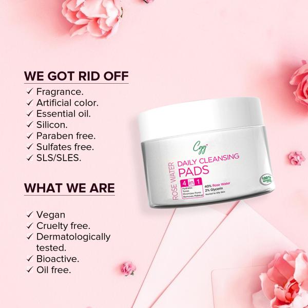 CGG Cosmetics Rose Water Daily Cleansing Pads- For Normal To Oily Skin 50's - Face Wash & Cleansers