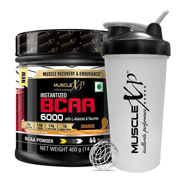 Netmeds | MuscleXP Instantized BCAA 6000 Supplement Powder - Orange Flavour 400 gm + Shaker 1's