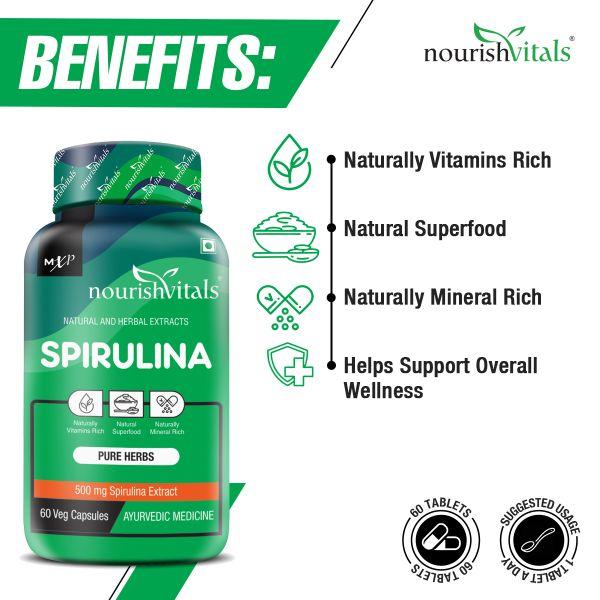 NourishVitals Spirulina 500 mg Veg Capsule 60's - Herbal Dietary Supplement
