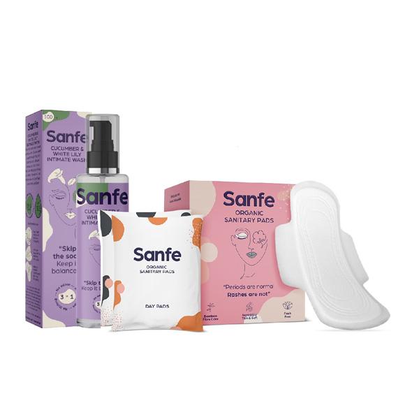 Netmeds | Sanfe Clean Period Set (Organic Sanitary Pads - Night Pads 12's and Intimate Wash - Cucumber & White Lily 100 ml)