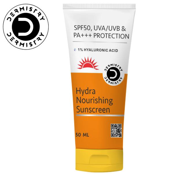 Netmeds | Dermistry 1% Hyaluronic Acid Hydra Nourishing Sunscreen SPF 50 UVA UVB PA+++ Protection 50 ml