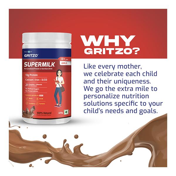 Gritzo SuperMilk Nutrition Drink Powder for Girls (13+ yrs) - Double Chocolate 400 gm - Nutritional Supplement
