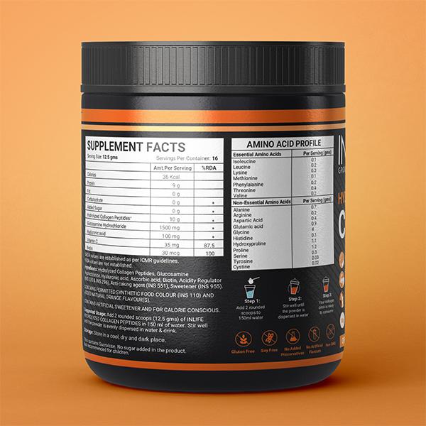 INLIFE Hydrolyzed Collagen Peptides Powder - Orange Flavour 200 gm - Hair & Skin