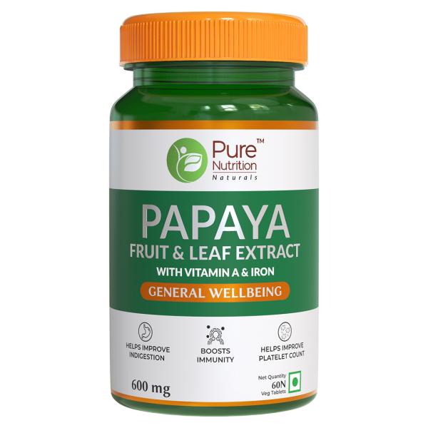 Pure Nutrition Papaya Fruit & Leaf Extract with Vitamin & Iron 600 mg Veg Tablet 60's - Calcium And Minerals