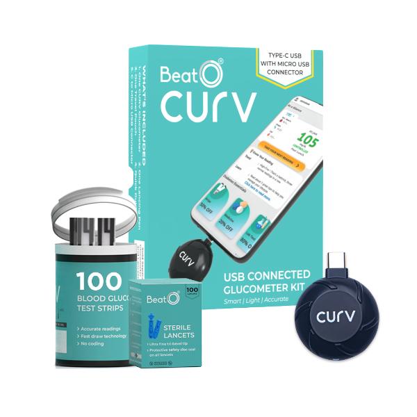 Netmeds | BeatO Curv Glucometer Kit (USB Connected Glucometer 1's + Blood Glucose Test Strips 100's)