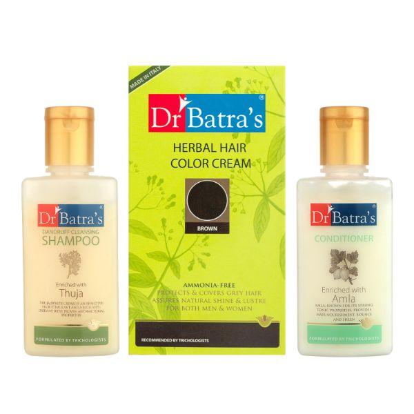 Netmeds | Dr Batra's Dandruff Cleansing Shampoo 100 ml + Herbal Hair Color Cream - Brown 120 gm + Conditioner 100 ml