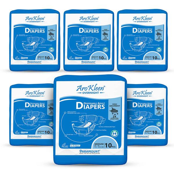 Netmeds | AroKleen Overnight Disposable Adult Diapers (M) (71.1 cm - 101.6 cm) (Pack of 6 x 10's) 1's