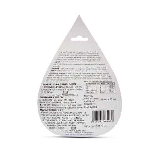 So Sweet 100% Natural Sugarfree Sweetener Stevia Liquid (Pack of 10) 1000 Drops 50 ml - Sugar Substitute