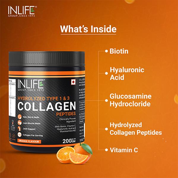 INLIFE Hydrolyzed Collagen Peptides Powder - Orange Flavour 200 gm - Hair & Skin