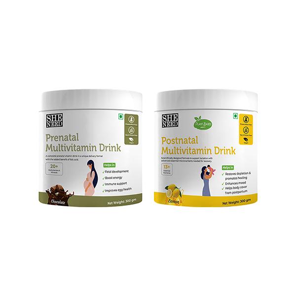 Netmeds | SheNeed Prenatal Multivitamin Drink Powder + Postnatal Multivitamin Drink Powder (Pack of 2 x 300 gm)