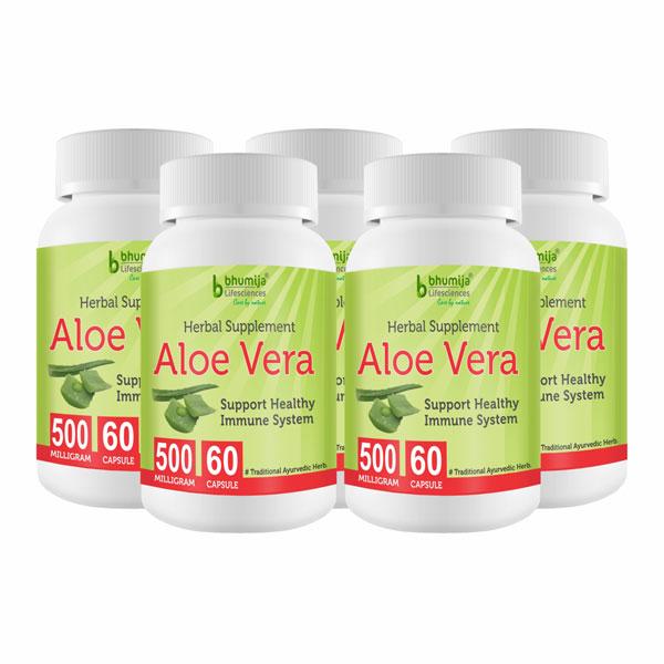 Bhumija Lifesciences Aloe Vera 500 mg Capsule (Pack of 5 x 60's) - Herbal Dietary Supplement