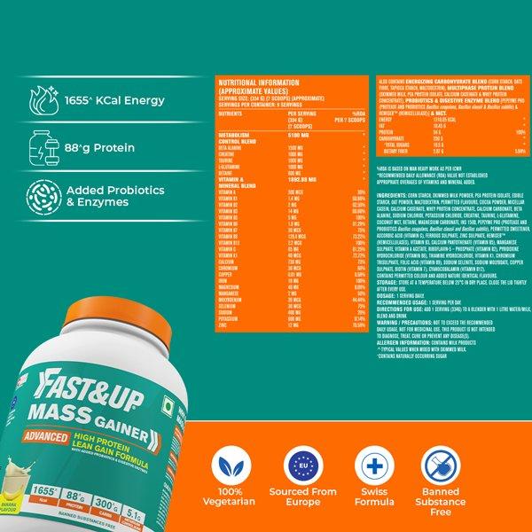 Fast&Up Mass Gainer Protein Powder - Banana Flavour 3000 gm - Whey Proteins