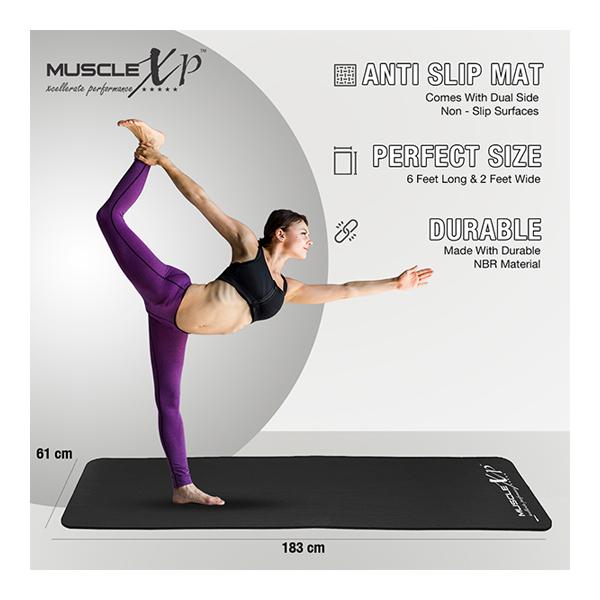 MuscleXP (13 mm) Thick NBR Material Yoga Mat - (Black) 1's - Workout Essentials