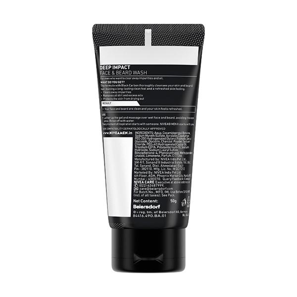 Nivea Men Deep Impact Face & Beard Wash - Black Carbon 50 gm - Face Wash & Cleansers