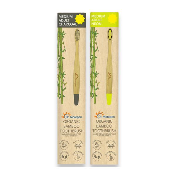 Netmeds | Dr.Morepen Organic Bamboo Adult Toothbrush Combo Pack (Medium - Charcoal 1's, Neon 1's)