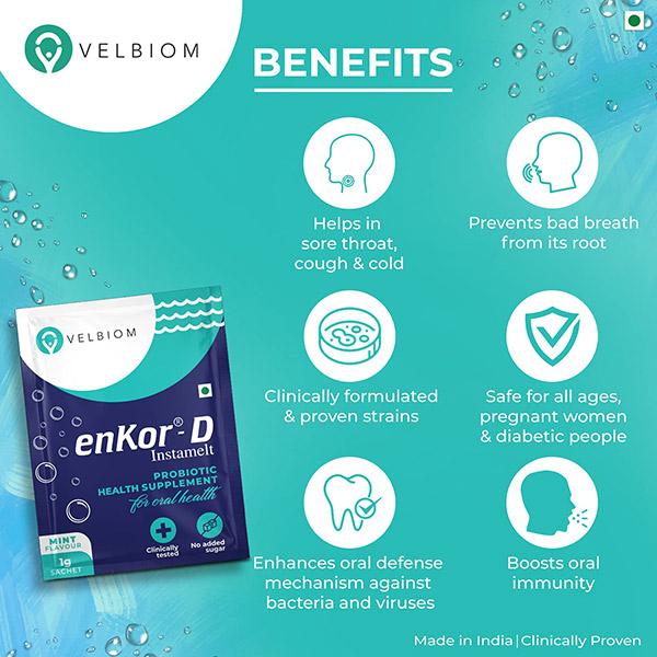 Velbiom Enkor D Instamelt Probiotic Sachet - Mint (10's X 1 gm) - Digestive Health