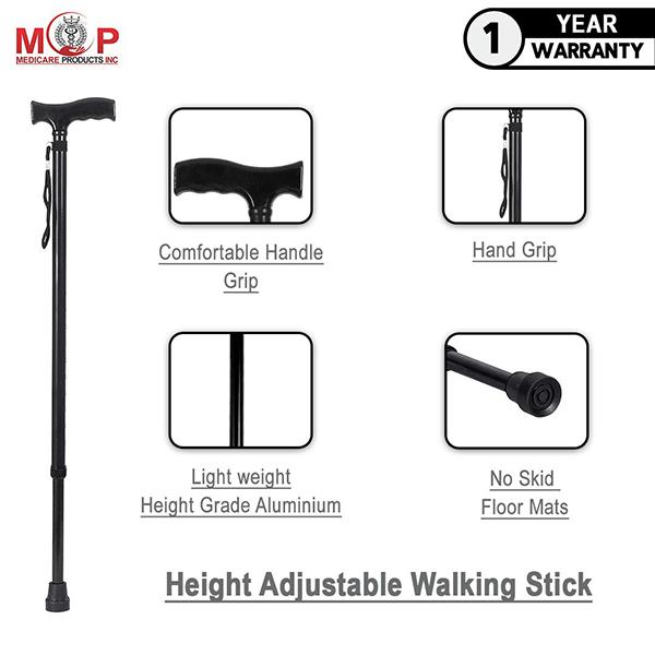 MCP Jindal Height Adjustable Walking Stick - Black - Wheelchairs & Walking Sticks