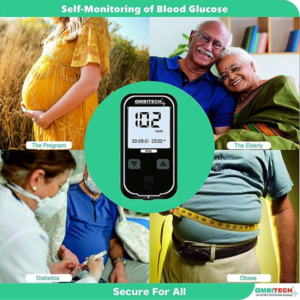 Ambitech Elizy Blood Glucose Measuring Kit (Test Strips 100's + Lancets 100's + Glucometer 1's) -Black - Blood Glucose Monitors/Strips