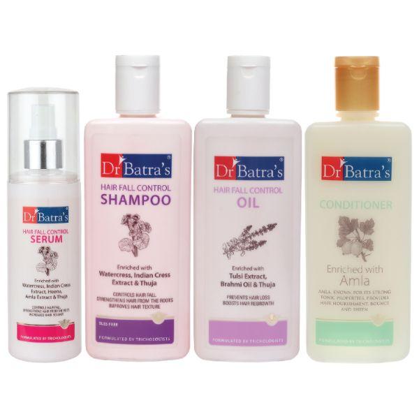 Netmeds | Dr Batra's Hair Fall Control Shampoo 200 ml + Hair Fall Control Serum 125 ml + Conditioner 200 ml + Hair Fall Control Oil 200 ml