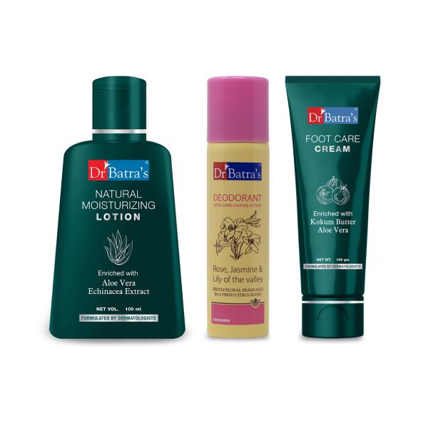 Dr Batra's Natural Moisturizing Lotion 100 ml + Deodorant 100 ml + Foot Care Cream 100 gm - Lotions & Creams