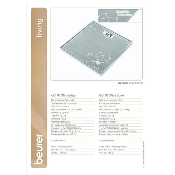 Beurer Digital Weighing Glass Scale (GS 10) - Weighing Scale