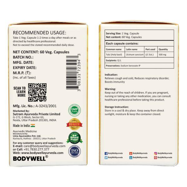 Bodywell Tulsi (Holi Basil) 500 mg Veg Capsule 60's - Pure Herbs
