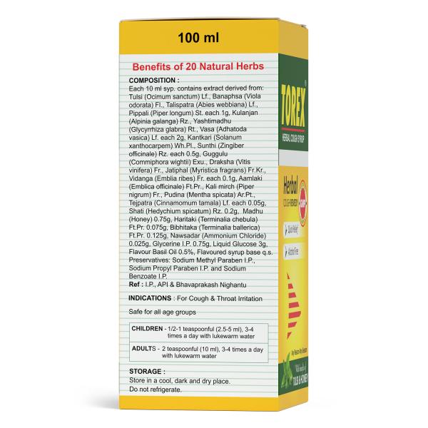 Torex Herbal Cough Syrup With Tulsi & Honey (Pack of 3 X 100 ml) 1's - Cough & Cold (Ayush)