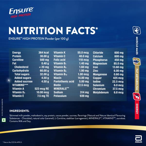 Ensure High Protein Nutrition Powder - Chocolate Flavour 400 gm (Refill Pack) - Daily Health Drinks